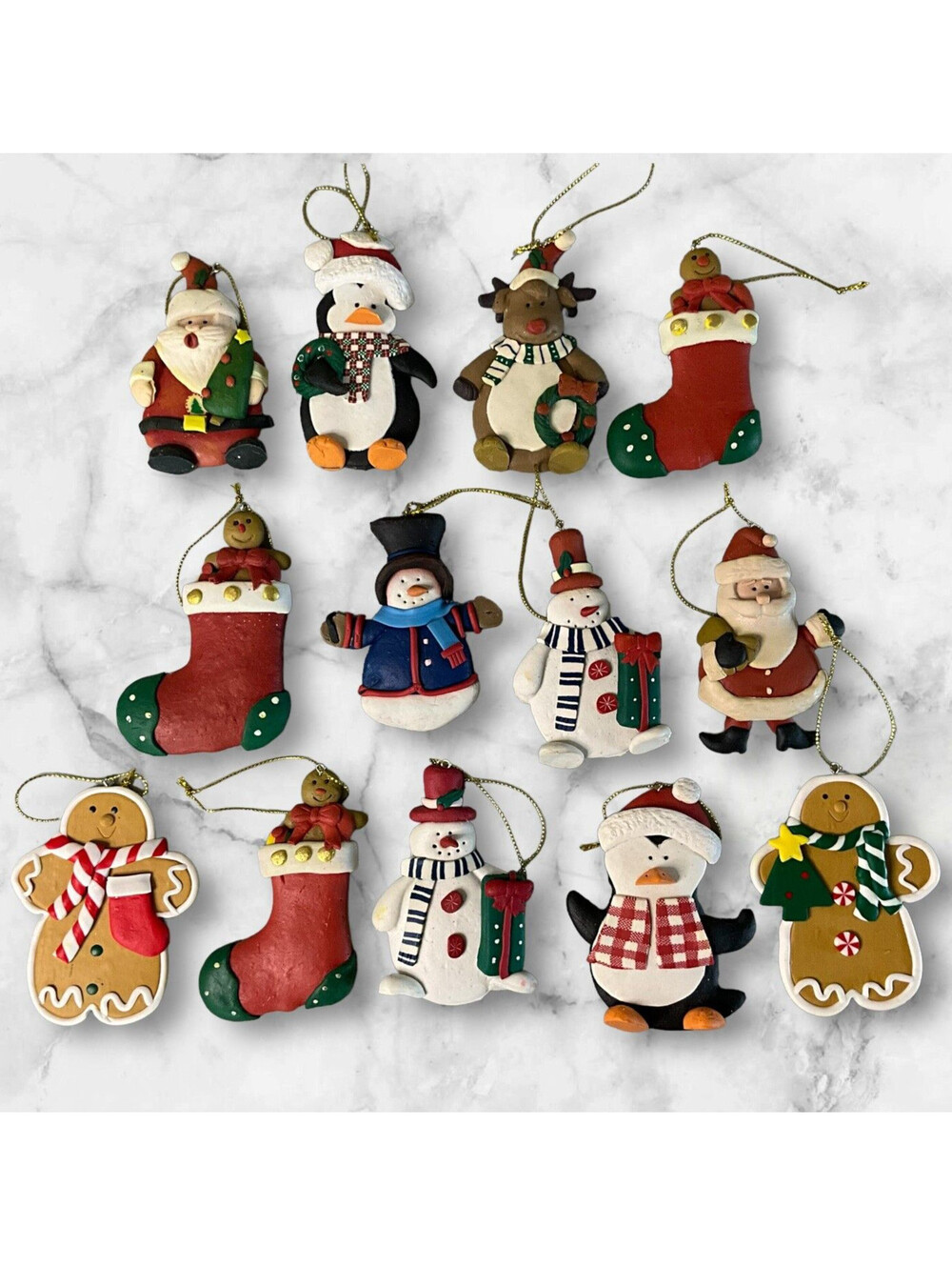 Lot of 13 Polymer Clay Dough Christmas Tree Ornaments Snowman Penguin Santa Vtg